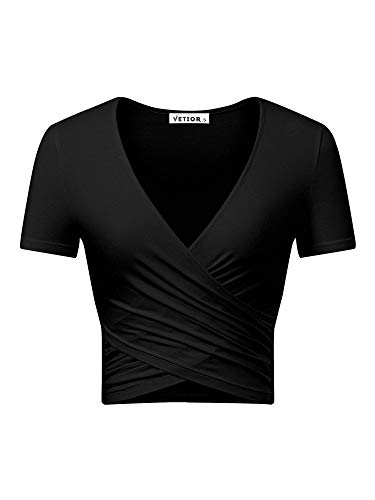 VETIOR Women's Deep V Neck Short Sleeve Black Shirts Crop Top